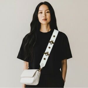 CLEARLY - PURSE‎ STRAP - BRIGHT WHITE FAUX LEATHER - ADORNED WITH LARGE BEES - B